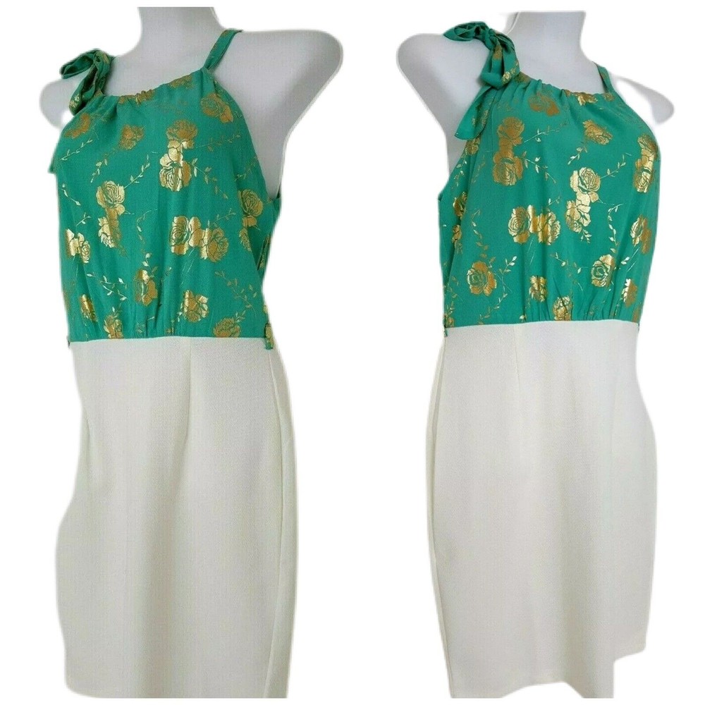 Naranka Womens Sun Dress Size Large Sleeveless Green Gold Foil White - Picture 2 of 13